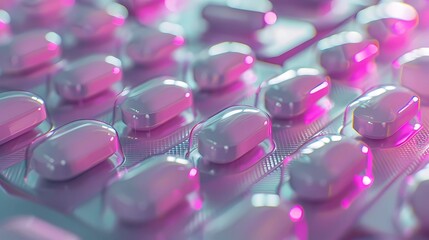 A closeup of pills and tablets in packaging, with blurred background of medical supplies on table, Generative AI illustrations. 