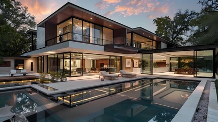 Fototapeta premium A modern house with pool, concrete and wood elements, glass walls at sunset, living room, dining area, outdoor seating, courtyard, Generative AI illustrations. 