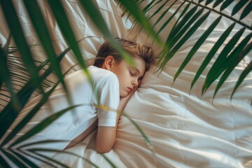 Teenager quiet sleep resting his head gently fluffy pillow. Teenager peacefully rests his cozy bed enjoying serene night. Reflecting innocence and tranquility of adolescence.