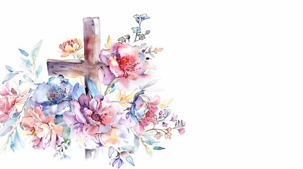 Beautiful cross with delicate watercolor flowers, soft pastel colors , children's book illustration style,  Generative AI illustrations. 