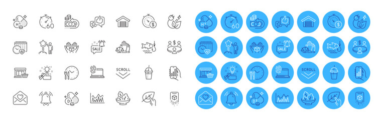 Fototapeta premium Creative idea, Love letter and Meeting line icons pack. Promotion bell, Parking garage, Notification bell web icon. Analysis app, Scroll down, Green energy pictogram. Augmented reality. Vector