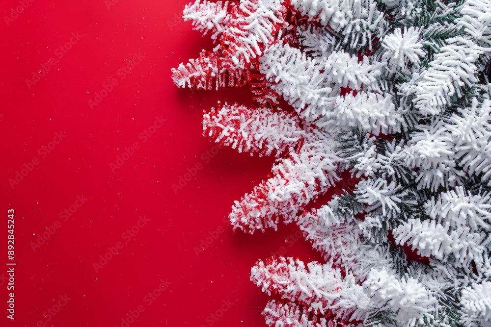Poster snow-covered pine branches elegantly arranged on a vibrant red background, creating a festive christ