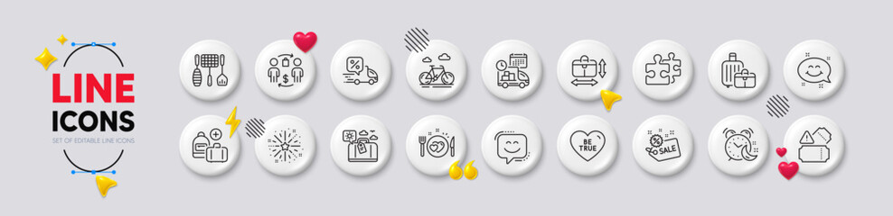 Alarm, Fireworks explosion and Baggage line icons. White buttons 3d icons. Pack of Handbag size, Travel luggage, Smile face icon. Delivery, Puzzle, Tickets pictogram. Vector