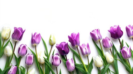 Purple and white tulips creating border on white banner background © The 2R Artificiality