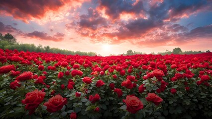 red rose garden with vanilla sky
