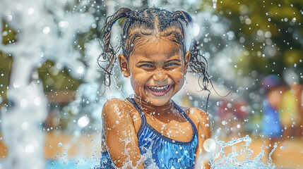 Fototapeta premium A young girl with pigtails smiles and laughs as she plays in a water fountain on a sunny day