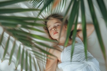 Girl delicate form is gently embraced tender bed. Serene face of small girl reflects youthful tranquility. Pure calmness of childhood sleep.