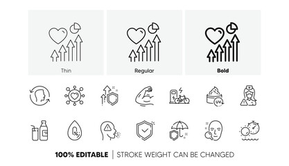 Nurse, Tanning time and Umbrella line icons. Pack of Uv protection, Dating, Improving safety icon. Electric bike, Milk, No alcohol pictogram. Shield, Face id, Strong arm. Cough. Line icons. Vector