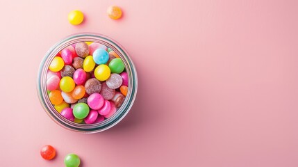 Obraz premium Candy in white jar on pastel pink background viewed from above with space to add text Sweet theme