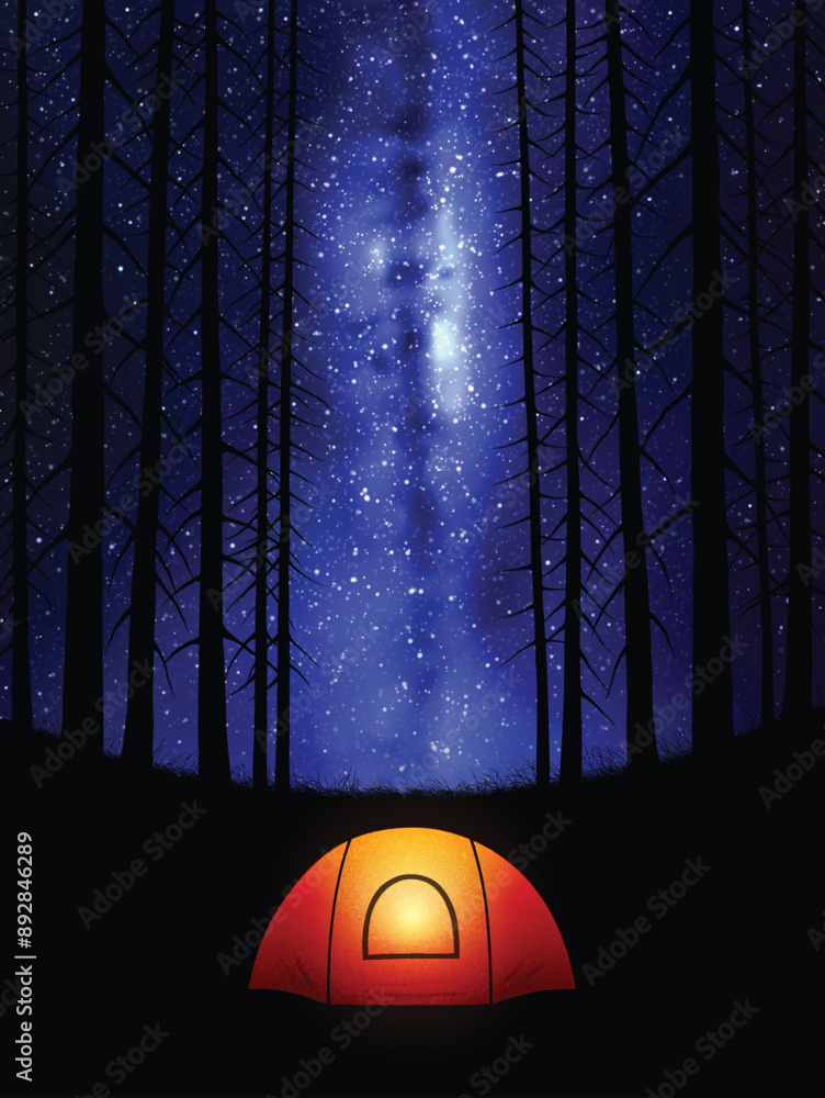 Poster orange tent in pine forest. camping under night starry sky. milky way