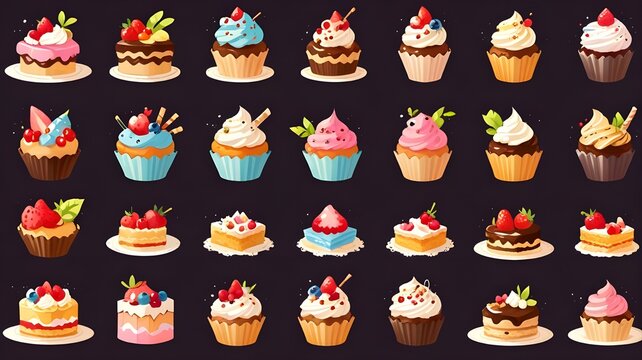 Bakery and dessert icons vector set of cupcakes and sweets. Generative AI.