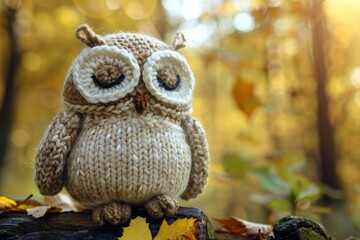 Fototapeta premium Cozy knitted owl toy perched on a log amidst vibrant autumn leaves