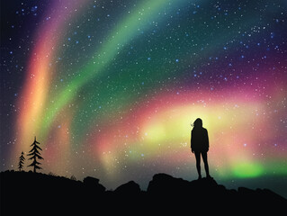 Girl stands on top of mountain. Colorful aurora in night starry sky