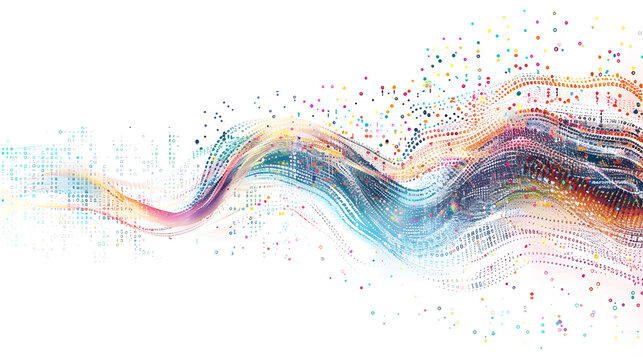 The design showcases vibrant abstract waves with confettilike dots, creating a dynamic and festive visual appeal that is both artistic and creative. It conveys energy and modernity