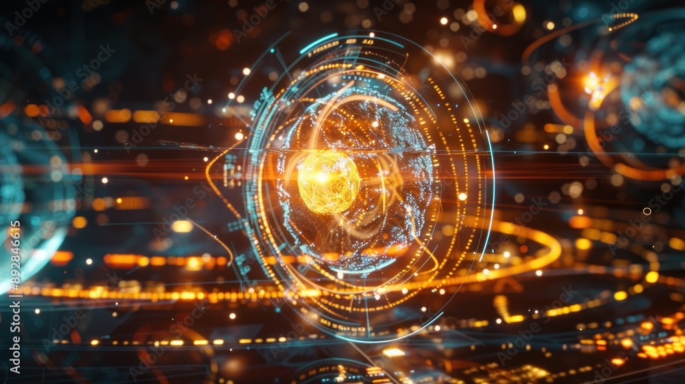 Poster A digital rendering of Earth with glowing lines and a futuristic interface overlay
