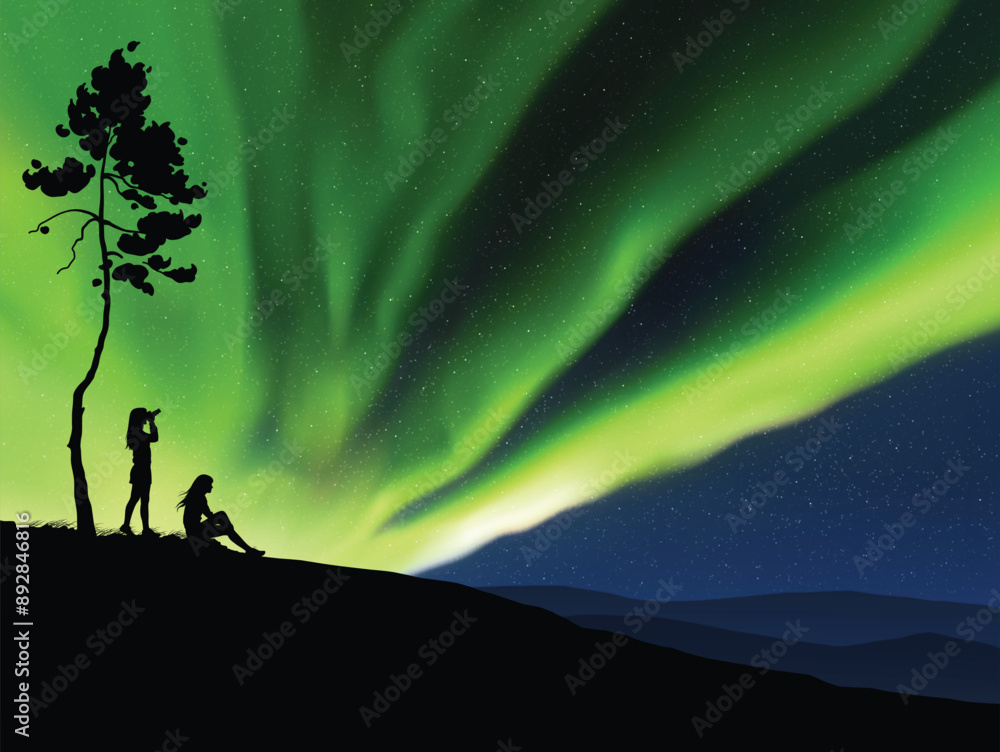 Poster two women resting on top of hill. mountain climb. green polar lights