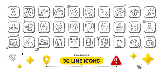 Time management, Father day and Group line icons pack. 3d design elements. Cyber attack, Mental health, Online education web icon. Student, Swipe up, Dislike hand pictogram. Vector