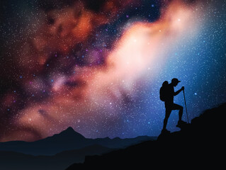 Hiking with trekking poles. Man walks on rocky mountain. Milky Way