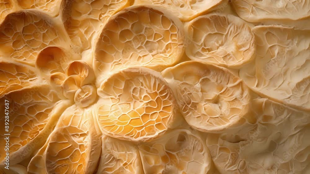 Poster a topdown view of an artisan roll reveals intricate scoring on the surface creating a beautiful patt