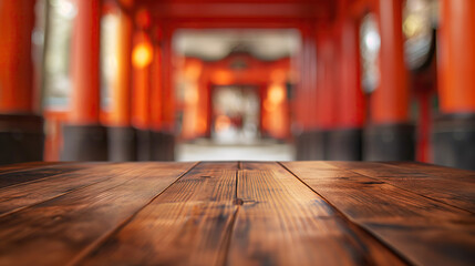 Fototapeta premium close up of rustic empty wooden table with blurred kyoto shrine background