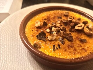 Salted butternut and bacon creme brulee with walnut bits