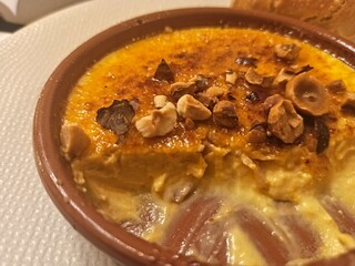 Salted butternut and bacon creme brulee with walnut bits