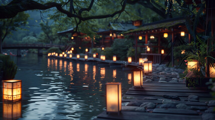 The setting features traditional Japanese lanterns glowing softly, illuminating a tranquil night. The road near the river is illuminated with lanterns..