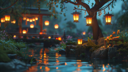 The setting features traditional Japanese lanterns glowing softly, illuminating a tranquil night. There are beautifully arranged offerings and decorations, including flowers, food, and ancestral table