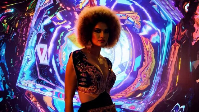 Gorgeous Asian woman in a hypermaximalist full-body shot sporting a trendy wig