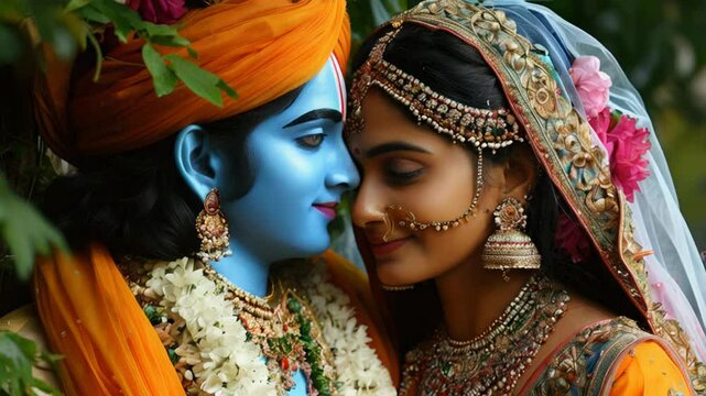 Immerse yourself in the divine love of Krishna and Radha with this beautifully captured moment. Watch as their adorned figures, vibrant attire, and expressive faces tell a timeless story of devotion