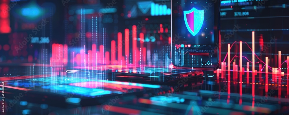 Poster A glowing shield icon on a smartphone with a laptop and data graphs in the background