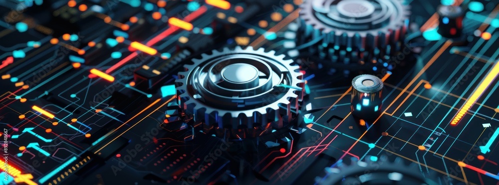 Poster futuristic circuit board with glowing gears and electronic components