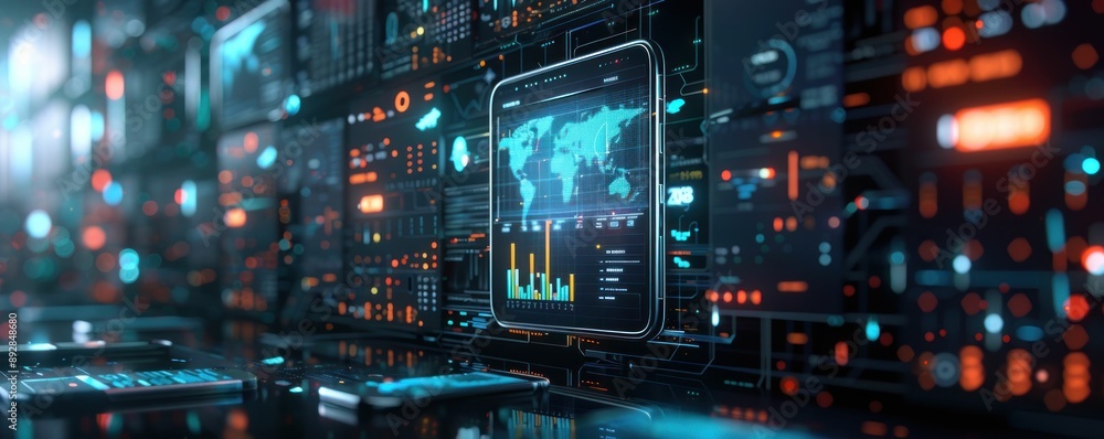 Poster futuristic digital interface with world map and data visualization