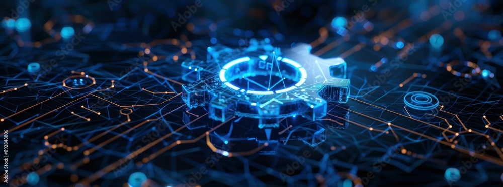 Poster a glowing metallic gear embedded in a luminous digital network