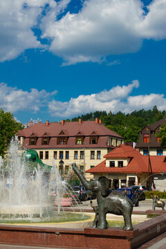 2023-09-11; Fountain with elephants in front of main building of health resort Rabka Zdroj, Poland.