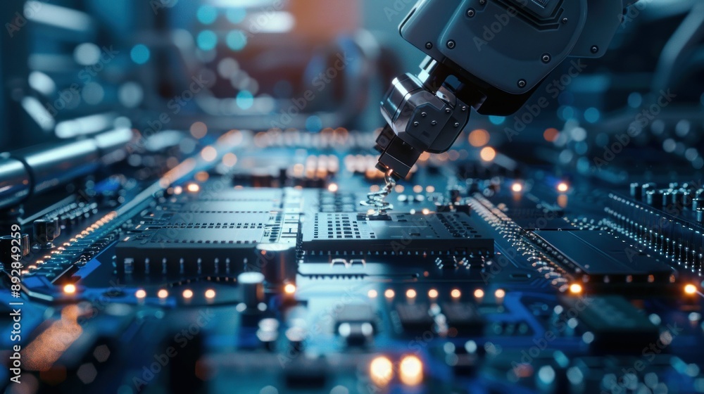 Poster a robotic arm carefully placing a component onto a circuit board during the manufacturing process