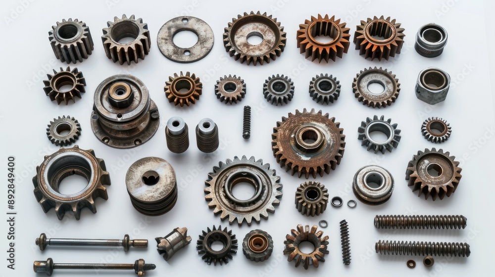 Poster rusted metal gears and other machine components arranged on a white background