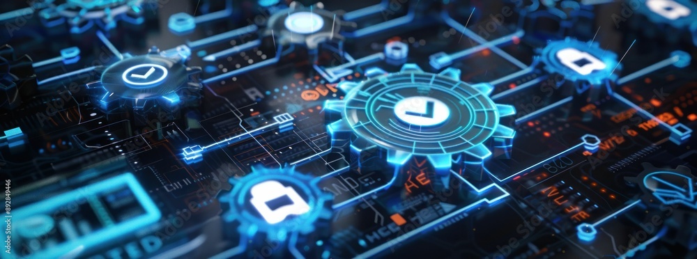 Poster glowing blue circuit board with gears and checkmarks symbolizing technology and engineering
