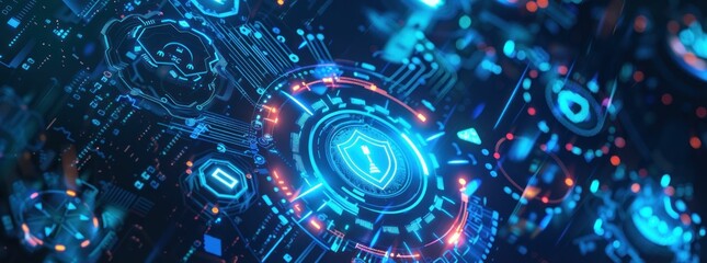 Glowing blue circuit board with glowing orange and blue shield icon