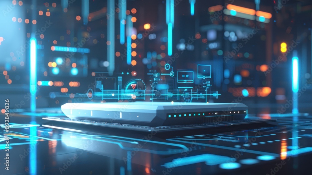 Poster a futuristic digital interface with glowing blue lines and icons projected onto a sleek modern devic
