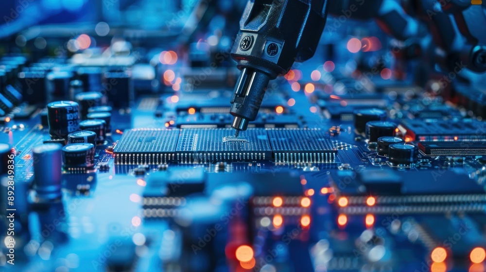 Poster A closeup of a robotic arm placing a microchip on a circuit board