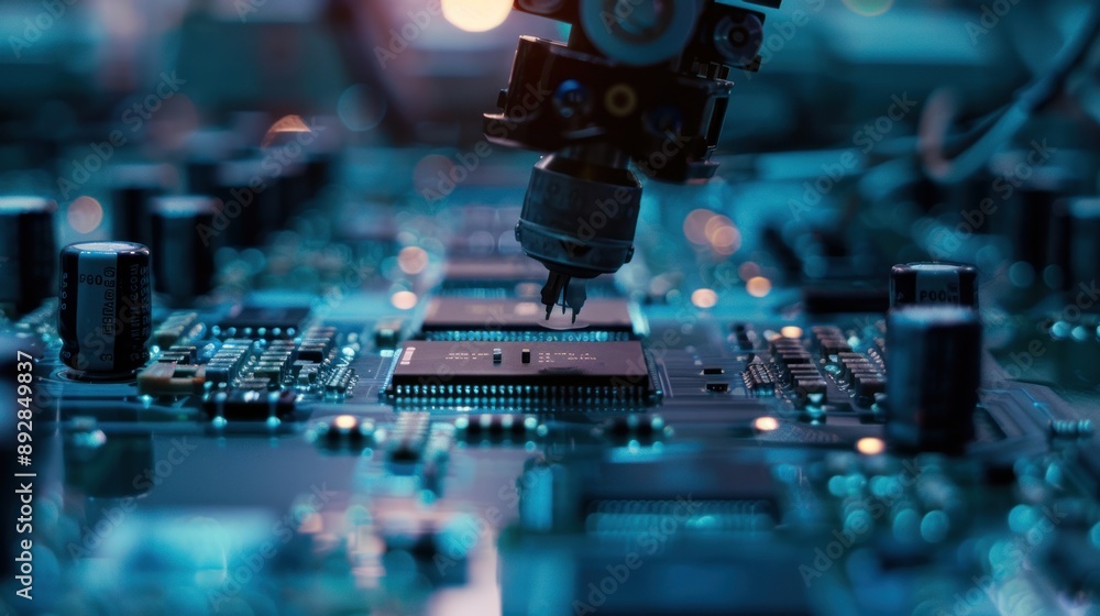 Poster A robotic arm assembles a circuit board in a factory setting