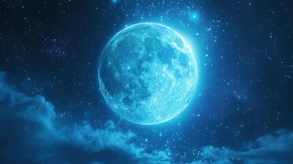 Obraz premium The image showcases a full moon shining brightly against a dark blue night sky filled with countless stars