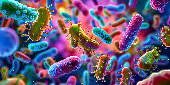 Concept of microscopic microbiome view of bacteria culture in the gut healthy microorganisms pathogen and cells macro shot colorful biology and virology background, macro, healthy, microbiome, cells,