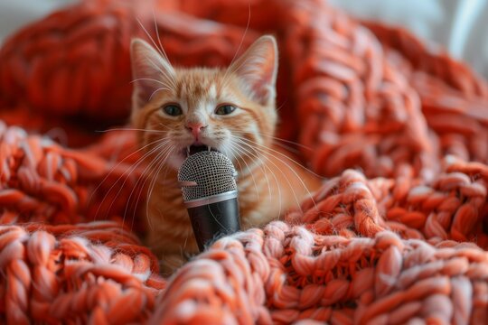 Adorable ginger cat with a microphone on a soft chunky knit blanket