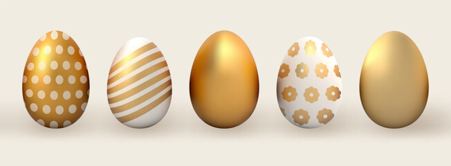 3D illustration vector golden white eggs with flowers and stripes Easter decoration set