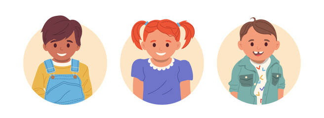 Isolated round portrait composition with happy smiling casual preschool children cartoon characters