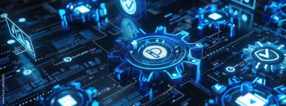 Aufkleber Futuristic Circuit Board with Glowing Blue Gears and Binary Code