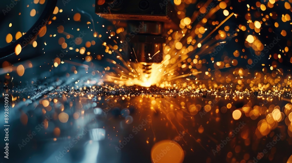 Poster close up view of plasma sparks in laser cutting and engraving processes with cnc controlled robot on