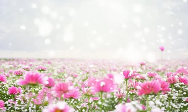 Animation of snow falling over moving flowers